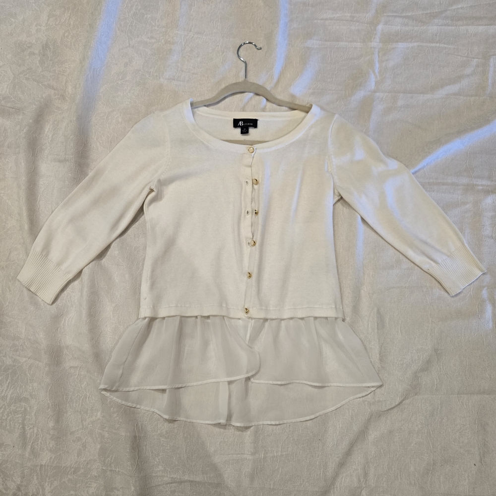 AB Studio White Cardigan with Gold Buttons And Frilly Trim
